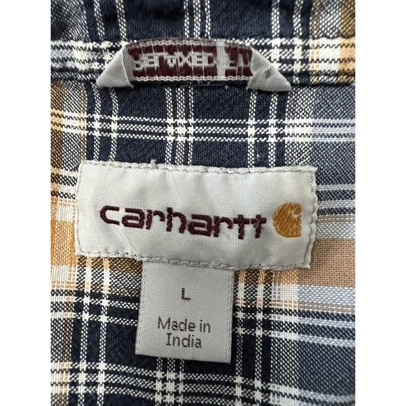 Carhartt Shirt Men's Large Button-Up Short Sleeve Cotton Casual Plaid Navy Gold - Picture 6 of 9